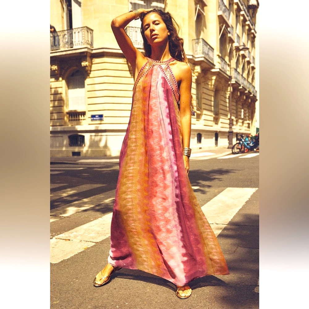 Zara Chiffon Sequin Beaded Embellished Tie-Dye Maxi Dress Sz.S